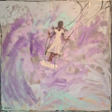 Girl on swing on lilac and blue