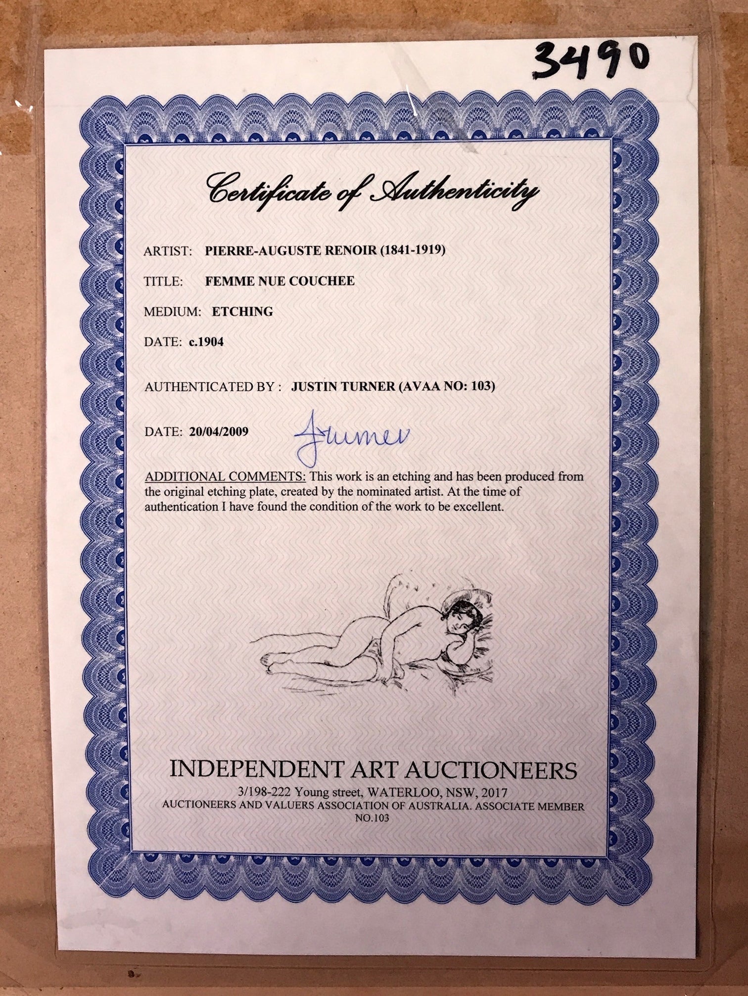 Femme Nue Couchee by Pierre Auguste Renoir Art from Cooks Hill Galleries